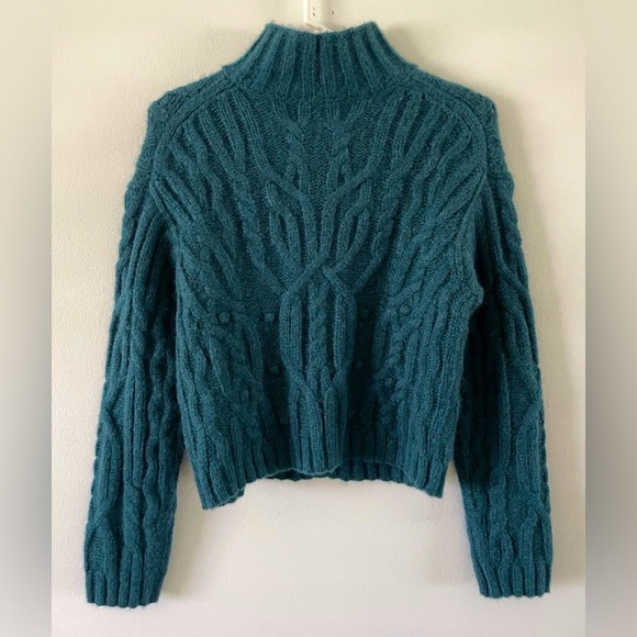 VINCE Alpaca Wool Sweater Dark mock neck cable knit Malachite Teal Size XS - Picture 7 of 8